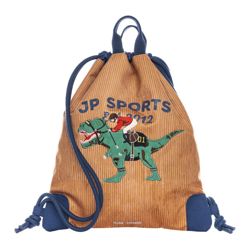 Braun-blauer Turnbeutel mit Aufdruck JP SPORTS 2012 und Grafik: Cowboy reitet auf grünem Dinosaurier. Braun-blauer Turnbeutel mit Aufdruck JP SPORTS 2012 und Grafik: Cowboy reitet auf grünem Dinosaurier.