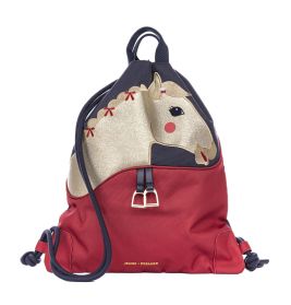 Roter Rucksack mit gold-schwarzem Pferdemotiv, Zierdetails und Jeune Premier-Schriftzug unten.