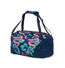 Dunkelblaue Duffelbag mit bunten Mustern und verstellbarem Schultergurt.