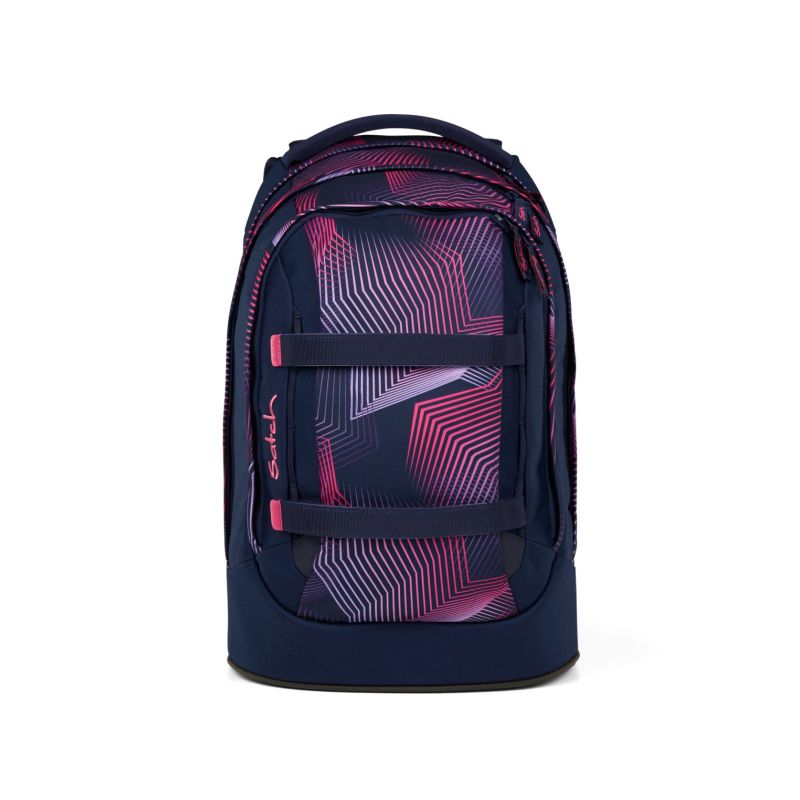 Dunkelblauer Rucksack mit pink-lila Muster vorne und zwei waagerechten Gurten.