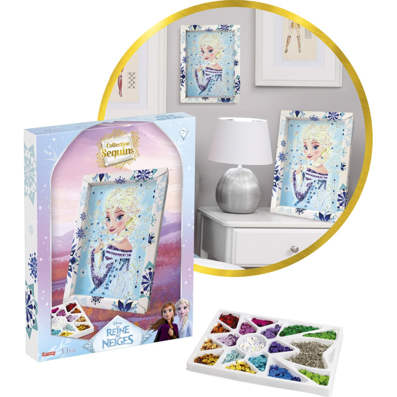 Frozen Glitzerbild-Set mit Elsa-Porträt, Pailletten-Schale und gerahmtem Kunstwerk im Zimmer ausgestellt.