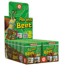 Display-Box des Kartenspiels Ab ins Beet mit Schnecken- und Tiermotiven auf grünem Verpackungsdesign.