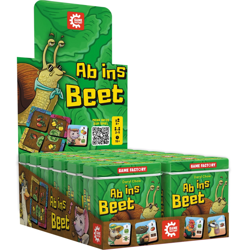 Display-Box des Kartenspiels Ab ins Beet mit Schnecken- und Tiermotiven auf grünem Verpackungsdesign.
