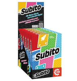 Subito-Kartenspiel-Displaybox mit bunten Kartenpackungen und Spielinfos auf der Verpackung.