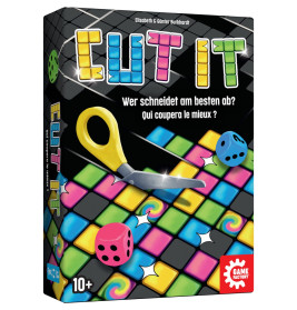 Buntes Brettspiel Cut It mit Schere, Würfeln und Kacheln, empfohlen ab 10 Jahren.