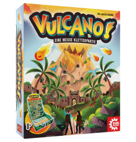 Bunter Spielekarton: Ein ausbrechender Vulkan, kletternde Menschen, Palmen, Titel Vulcano!.