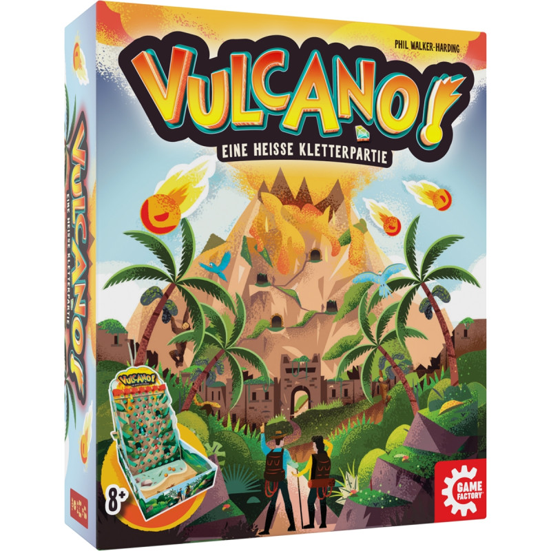 Bunter Spielekarton: Ein ausbrechender Vulkan, kletternde Menschen, Palmen, Titel Vulcano!. Bunter Spielekarton: Ein ausbrechender Vulkan, kletternde Menschen, Palmen, Titel Vulcano!.