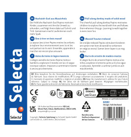 Rückseite einer Selecta-Spielzeugverpackung mit mehrsprachigem Text, Sicherheitssymbolen und Recyclinghinweisen.