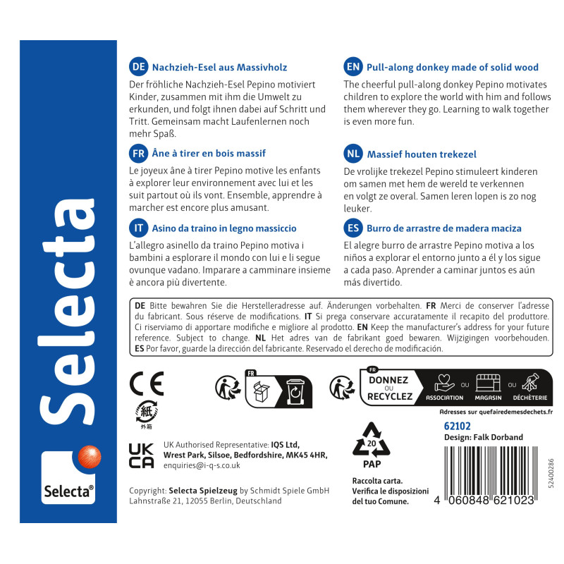 Rückseite einer Selecta-Spielzeugverpackung mit mehrsprachigem Text, Sicherheitssymbolen und Recyclinghinweisen.