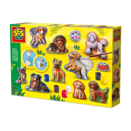 Gelbe SES Creative Box mit Hundefiguren, Farbtöpfen und Pinsel für Mal- und Bastelaktivitäten.