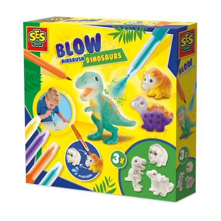 Kinder-Airbrush-Dinosaurier-Bastelset mit bunten Stiften, Dinosauriern und einem Kind beim Bemalen eines Dinos.