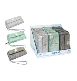 Mintgrüne und silberne Handgelenktaschen mit Sternmotiv, einzeln und im Karton präsentiert.