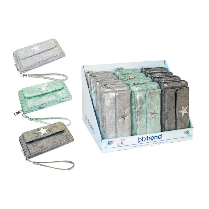 Mintgrüne und silberne Handgelenktaschen mit Sternmotiv, einzeln und im Karton präsentiert.