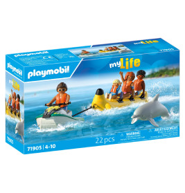 Playmobil my Life Spielset mit Figuren auf Bananenboot und Delfin im Wasser, 22 Teile.