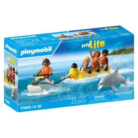 Playmobil my Life Spielset mit Figuren auf Bananenboot und Delfin im Wasser, 22 Teile.