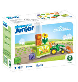 Playmobil Junior Set: Bauer mit grünem Traktor und Gemüse-Bausteinen, geeignet für Kinder von 1-4 Jahren.