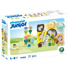 Playmobil Junior Tier-Spielset für Kinder von 1-4 Jahren: Tiere, Blumen, Kinder, Bäume, 21 Teile, auf Verpackung abgebildet.