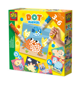 SES Creative Dot Markers Bastelset für Kinder von 3-6 Jahren mit Tiermotiven, die mit bunten Punkten verziert sind.