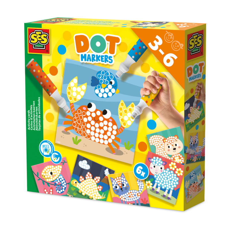 SES Creative Dot Markers Bastelset für Kinder von 3-6 Jahren mit Tiermotiven, die mit bunten Punkten verziert sind.