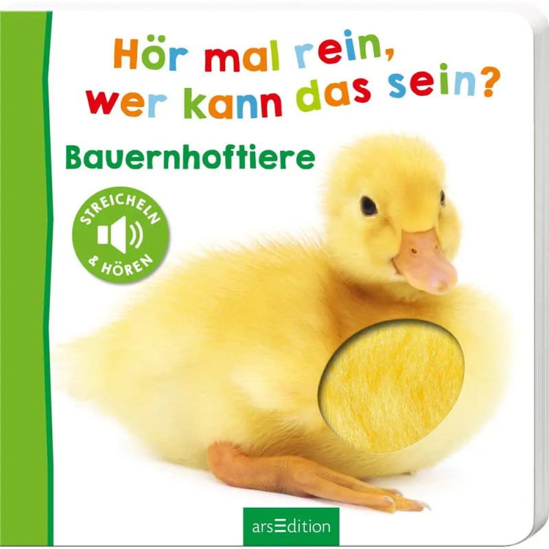 Ein Kinderbuch-Cover zeigt ein gelbes Entenküken mit einer Fühlfläche auf dem Körper. Ein Kinderbuch-Cover zeigt ein gelbes Entenküken mit einer Fühlfläche auf dem Körper.