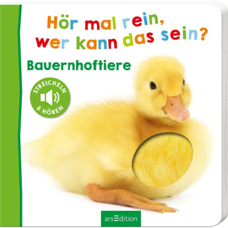 Ein Kinderbuch-Cover zeigt ein gelbes Entenküken mit einer Fühlfläche auf dem Körper.