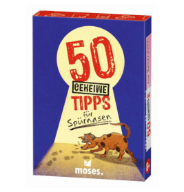 Blaue Spielebox mit einer Katze, die Pfotenabdrücken folgt. Darauf steht: 50 geheime Tipps für Spürnasen.