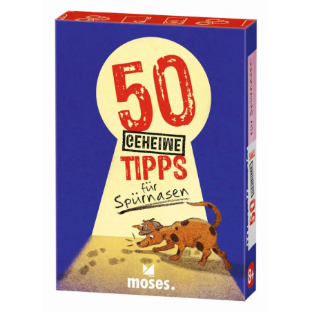 Blaue Spielebox mit einer Katze, die Pfotenabdrücken folgt. Darauf steht: 50 geheime Tipps für Spürnasen.