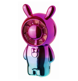 Glänzender, tragbarer Ventilator in Hasenform mit Farbverlauf in Pink, Lila und Blau, rundem Lüfter im Gesicht.
