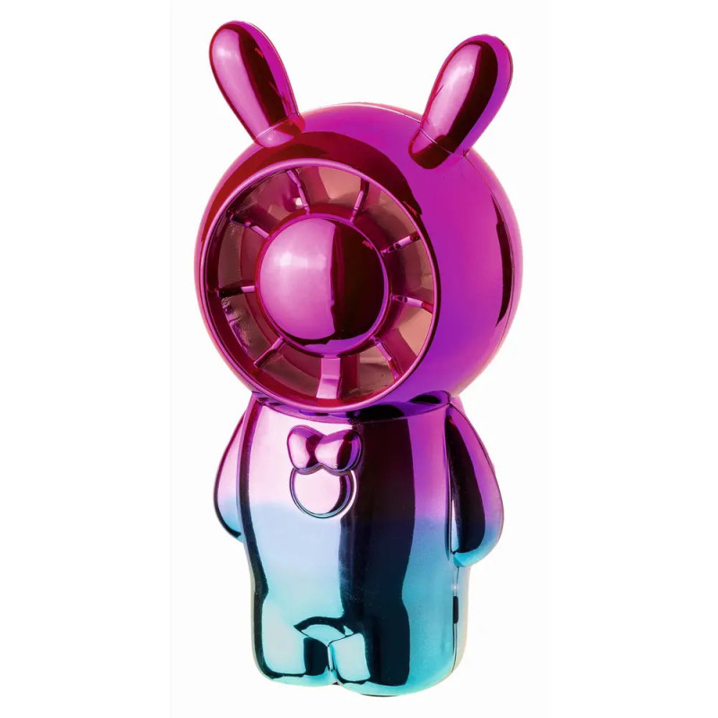 Glänzender, tragbarer Ventilator in Hasenform mit Farbverlauf in Pink, Lila und Blau, rundem Lüfter im Gesicht.