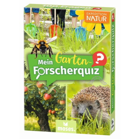 Box von Mein Garten-Forscherquiz mit Biene, Igel, Äpfeln und Gras auf dem Cover.