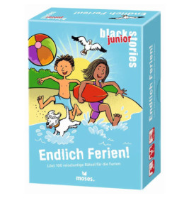Auf der Spieleschachtel spielen zwei Kinder und ein Hund am Strand, dazu steht Endlich Ferien! auf dem Cover.