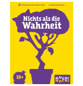 Gelbes Plakat mit lila Pflanze, Katzenumriss, Nichts als die Wahrheit und 18+-Zeichen.