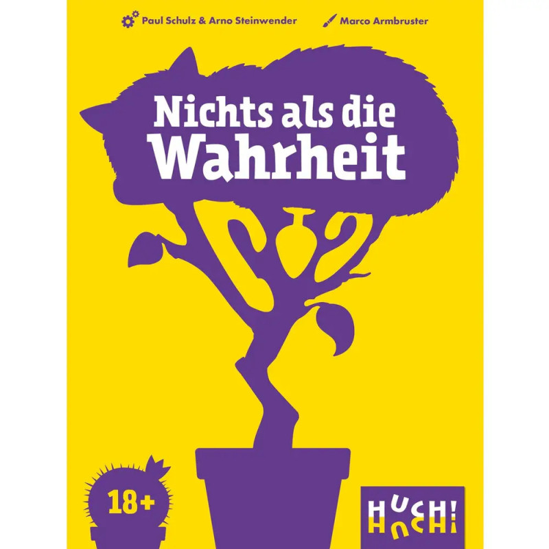 Gelbes Plakat mit lila Pflanze, Katzenumriss, Nichts als die Wahrheit und 18+-Zeichen. Gelbes Plakat mit lila Pflanze, Katzenumriss, Nichts als die Wahrheit und 18+-Zeichen.