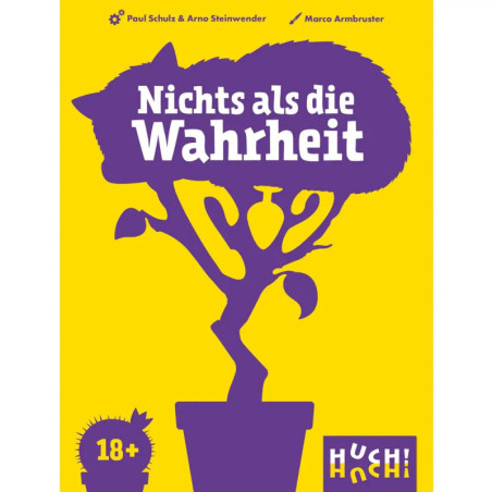 Gelbes Plakat mit lila Pflanze, Katzenumriss, Nichts als die Wahrheit und 18+-Zeichen.