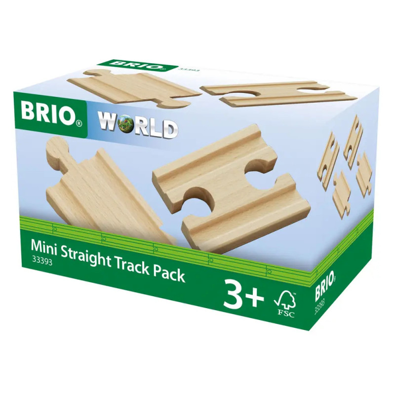 BRIO World Mini-Geradeaus-Streckenset ab 3 Jahren, zeigt Holzbahnteile auf der Verpackung.