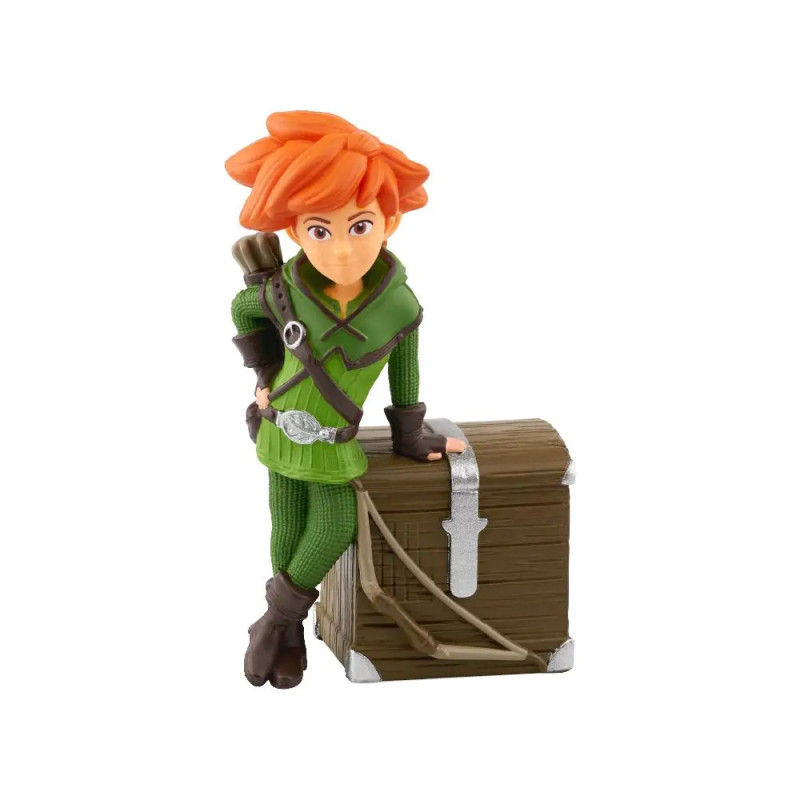 Animierte Figur in grüner Kleidung lehnt mit selbstbewusstem Blick an einer Holztruhe vor weißem Hintergrund.