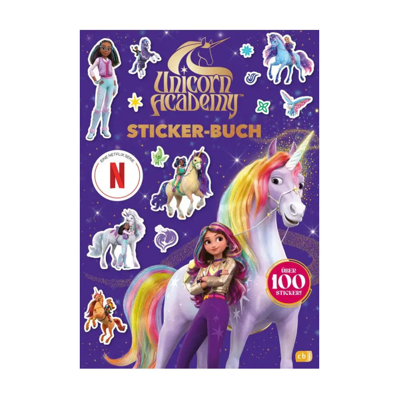 Cover des Unicorn Academy Stickerbuchs mit Mädchen, Einhörnern, Sternen und 100+ Sticker-Badge - für Einhorn-Fans.