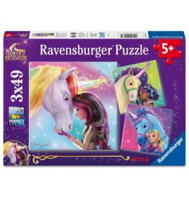 Unicorn Academy Puzzle, 3x49 Teile mit Mädchen und Einhörnern, geeignet für Kinder ab 5 Jahren.
