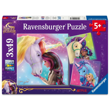 Unicorn Academy Puzzle, 3x49 Teile mit Mädchen und Einhörnern, geeignet für Kinder ab 5 Jahren.