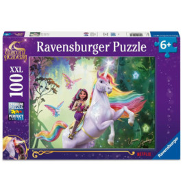 Ravensburger Puzzle: Ein Mädchen reitet im Zauberwald auf einem weißen Einhorn mit Regenbogenmähne.