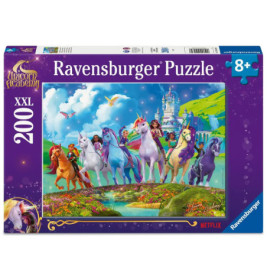 Ravensburger Puzzle Unicorn Academy, 200 Teile, mit Einhörnern und Mädchen in fantasievoller Landschaft.