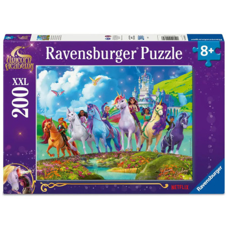 Ravensburger Puzzle Unicorn Academy, 200 Teile, mit Einhörnern und Mädchen in fantasievoller Landschaft.