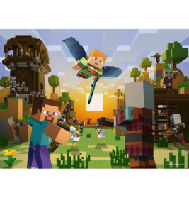 Minecraft-Charaktere kämpfen bei Sonnenuntergang im Dorf, einer fliegt mit einem Schwert.