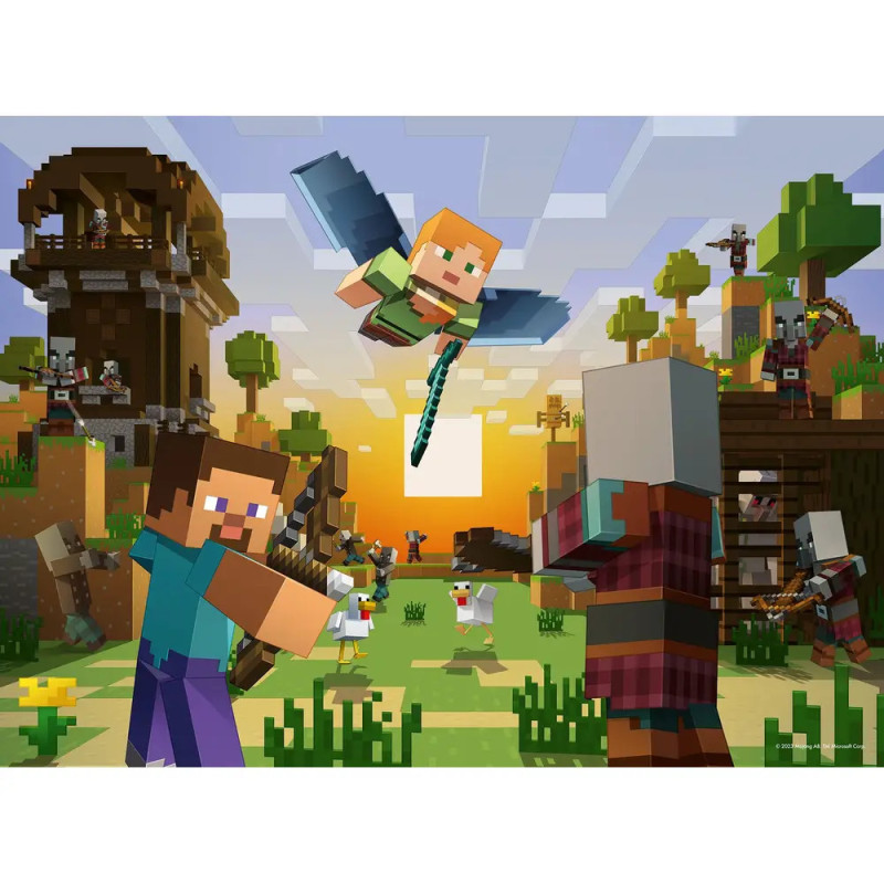 Minecraft-Charaktere kämpfen bei Sonnenuntergang im Dorf, einer fliegt mit einem Schwert. Minecraft-Charaktere kämpfen bei Sonnenuntergang im Dorf, einer fliegt mit einem Schwert.