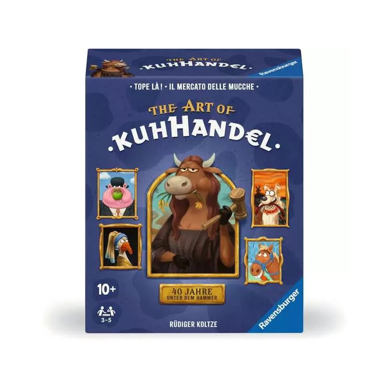 Blaue Verpackung des Spiels Kuhhandel mit Tierporträts und zentral abgebildeter Kuh.