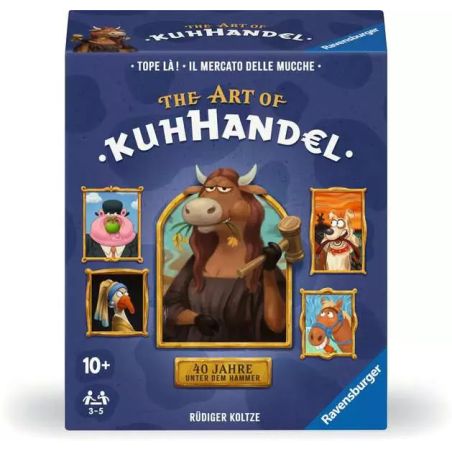 Blaue Verpackung des Spiels Kuhhandel mit Tierporträts und zentral abgebildeter Kuh.