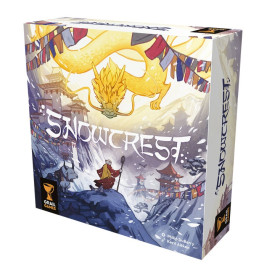 Box des Brettspiels Snowcrest mit gelbem Drachen über verschneiten Bergen und Figur im Mantel.