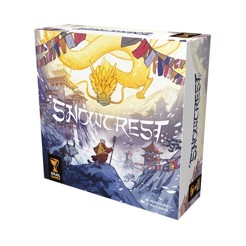 Box des Brettspiels Snowcrest mit gelbem Drachen über verschneiten Bergen und Figur im Mantel. Box des Brettspiels Snowcrest mit gelbem Drachen über verschneiten Bergen und Figur im Mantel.