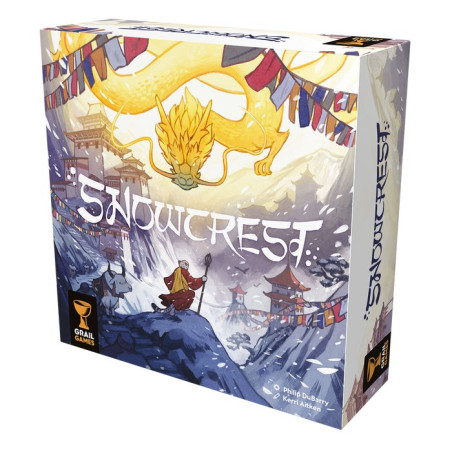Box des Brettspiels Snowcrest mit gelbem Drachen über verschneiten Bergen und Figur im Mantel.