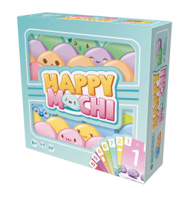 Pastellfarbene Happy-Mochi-Spielbox mit lachenden Mochi-Figuren und nummerierten Karten auf der Vorderseite.
